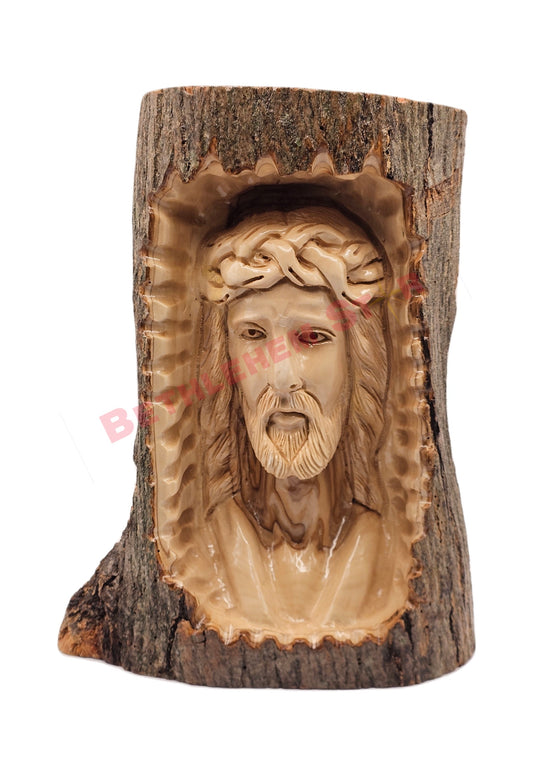 Jesus Head Hand Carved On A Natural Olive Wood Piece - Wall - Tabletop Sculpture