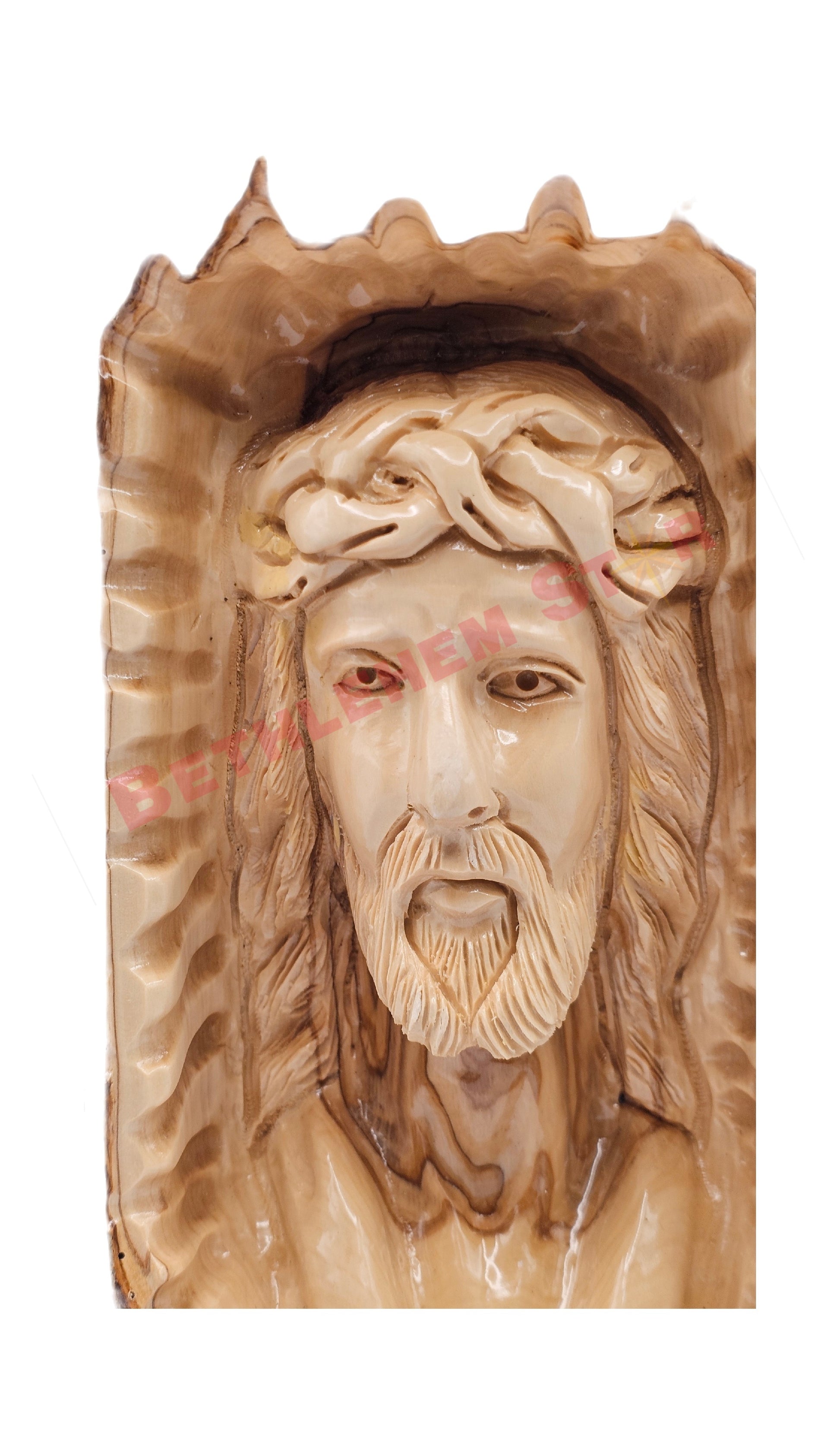 Jesus Head Hand Carved On A Natural Olive Wood Piece - Wall - Tabletop Sculpture