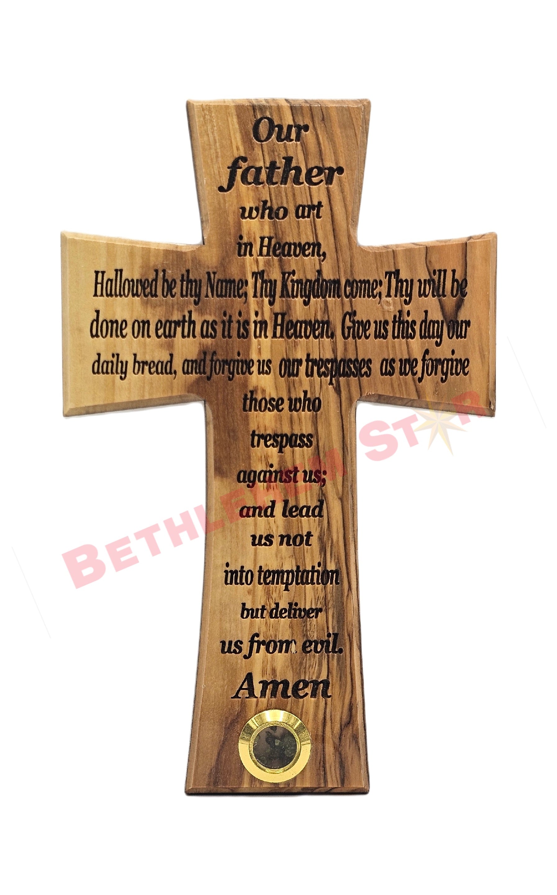 Olive wood Cross with Our Father prayer English