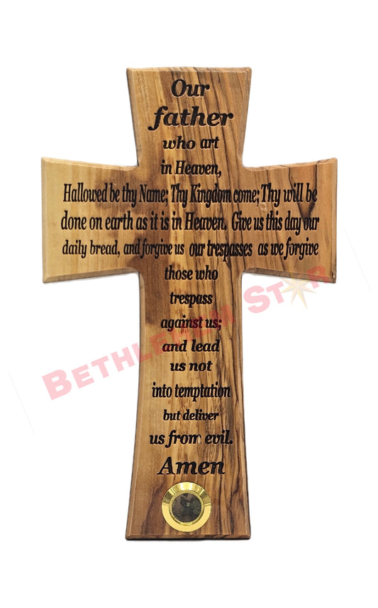 Olive wood Cross with Our Father prayer English